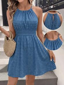 LUNE Vestido casual de mujer con textura de jacquard con cuello halter - Azul y blanco - Ver 3