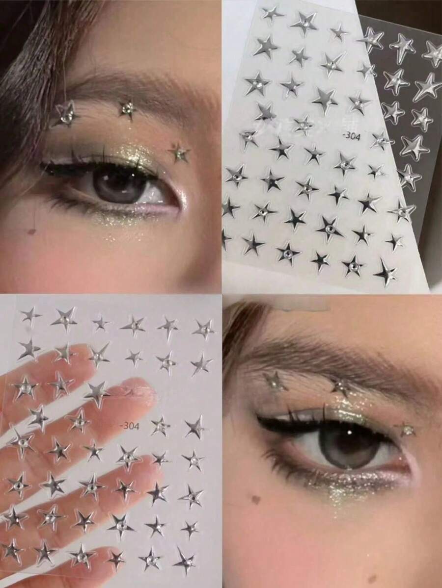 2/1 pieza Pegatinas de Estrella con Strass Plateado Metálico Brillante, Estilo Y2K Multiusos, Pegatinas de Estrella con Strass para Decoración Facial en Festivales de Música y Carnaval (Autoadhesivas) - Multicolor - Ver 1