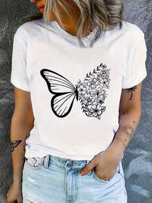 Fashionable Short-Sleeved T-Shirt, Pink Letter-Printed Casual Women's 100% Cotton Top, Women's Clothing - White - View 1