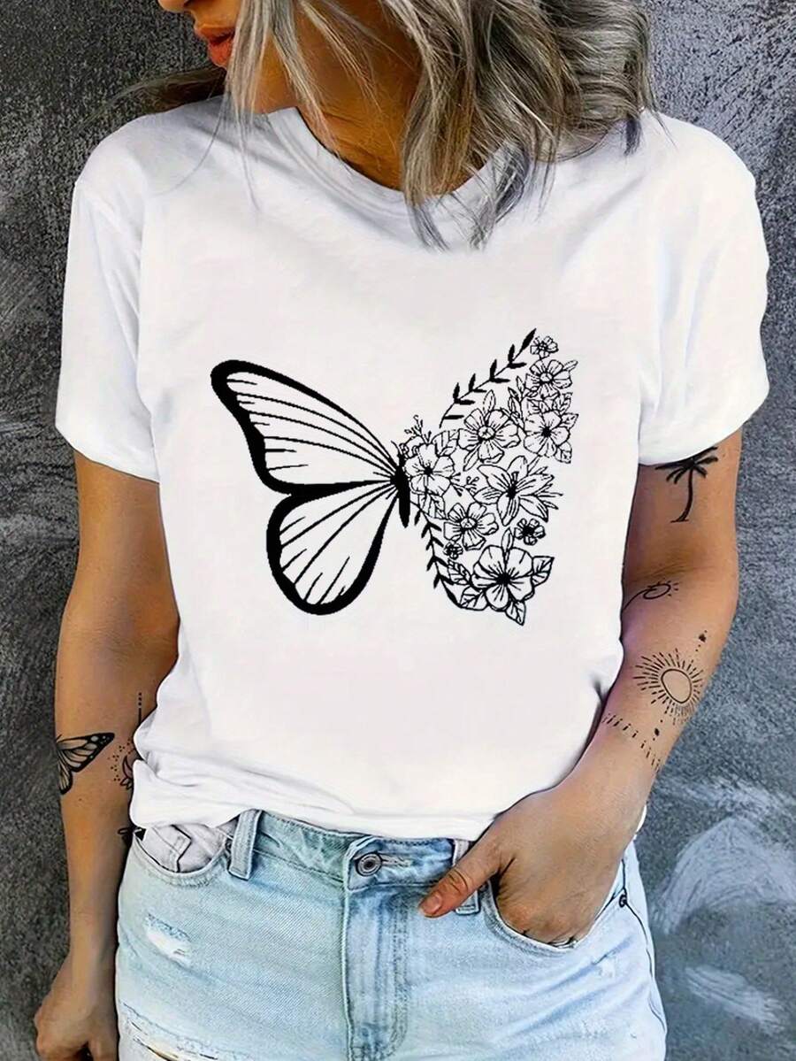 Fashionable Short-Sleeved T-Shirt, Pink Letter-Printed Casual Women's 100% Cotton Top, Women's Clothing - White - View 1