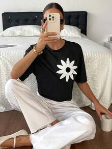 Fashionable Summer Short-Sleeved T-Shirt With Round Neck For Women - 黑色 - 查看 4