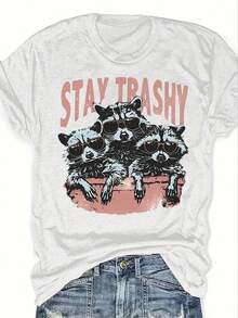 Raccoon Pattern T-Shirt, Short Sleeves, Casual Round Neck, Stylish And Fashionable For Spring And Summer. Perfect For Birthday Gifts, Valentine's Day Gifts, And Outdoor Activities For Couples. - 黑色 - 查看 6