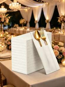 5/10/15pcs White Napkin Set With Cutlery Storage Bag, Wedding Cutlery Bag, Disposable Napkin Set, Birthday Party Cutlery Bag, Table Decor, Elegant Tabletop Decoration, Wedding Party Supplies, Baby Shower Party Supplies, Family Gathering, Restaurant Decor Gift, Home Decor, Halloween Party Decoration, Christmas Decoration, Party Favors - White - View 3