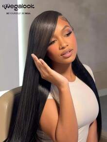 MEGALOOK 13x4蕾絲前緣自然黑色直長髮假髮，100%真髮，預漂白髮結，透氣髮帽，180%密度，預拔髮線，適合初學者 - SNatural - 查看 3