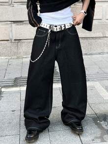 Infinite Jeans 1件美式街頭復古時尚刺繡男款寬腿褲 寬鬆舒適休閒四季百搭牛仔長褲 (產品不含腰帶與配件) - 黑色 - 查看 2