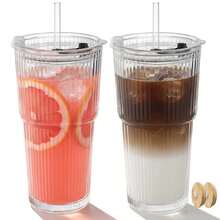 20oz Reusable Ribbed Glass Tumbler Set – 2 Pack Leakproof Glass Cups With Bamboo Lids,Thickened Glass– Aesthetic Iced Coffee Glasses For Home, Office, Travel, And Gifts (4, Transparent) - 透明條紋 - 查看 8
