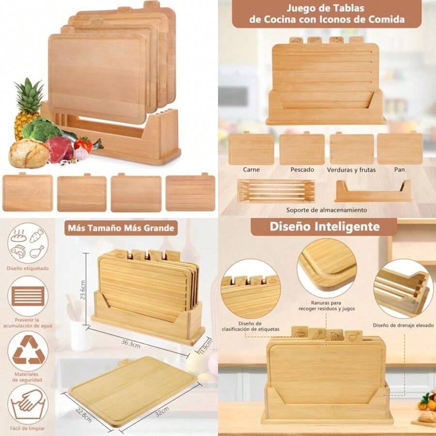 Juego de 4 Piezas Tablas para Picar de Bambú Tabla de Cortar de Cocina con Soporte Con Iconos de Comida Prevenir la Contaminación Cruzada de Diferentes Artículos Para Carne Pan Verduras Fruta - Marrn Natural - Ver 1