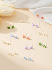12 pares de pendientes de botón con flores pequeñas de 5 pétalos de colores múltiples con diseño refrescante, adecuados para vacaciones, viajes, regalo de joyería para mujeres - Multicolor - Ver 2