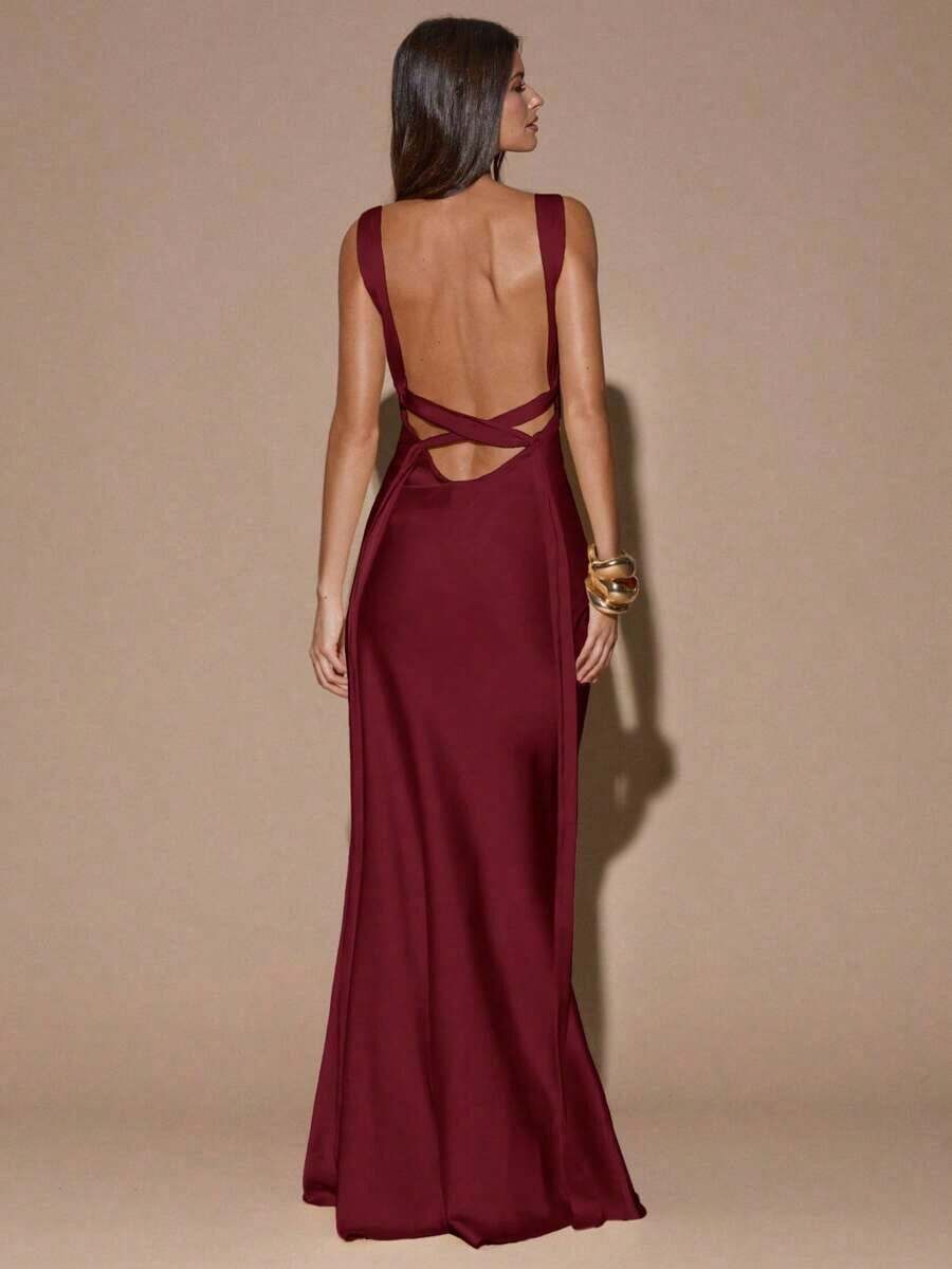 fsvsSHEIN  Vestido de tirantes con escote en V profundo y espalda descubierta, de unicolor amarillo/crema, de estilo minimalista y sexy, adecuado para fiestas, cócteles, ocasiones formales, dama de honor, cumpleaños, Navidad y casual de negociossdvs KE52 - Burdeos - Ver 1