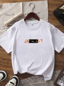 New Minimalist And  Summer Blouse With A Floral And Black Cat Print, Featuring A Round Neck, Short Sleeves, And A White Color. A Versatile And Elegant Blouse For Women. - 黑色 - 查看 3