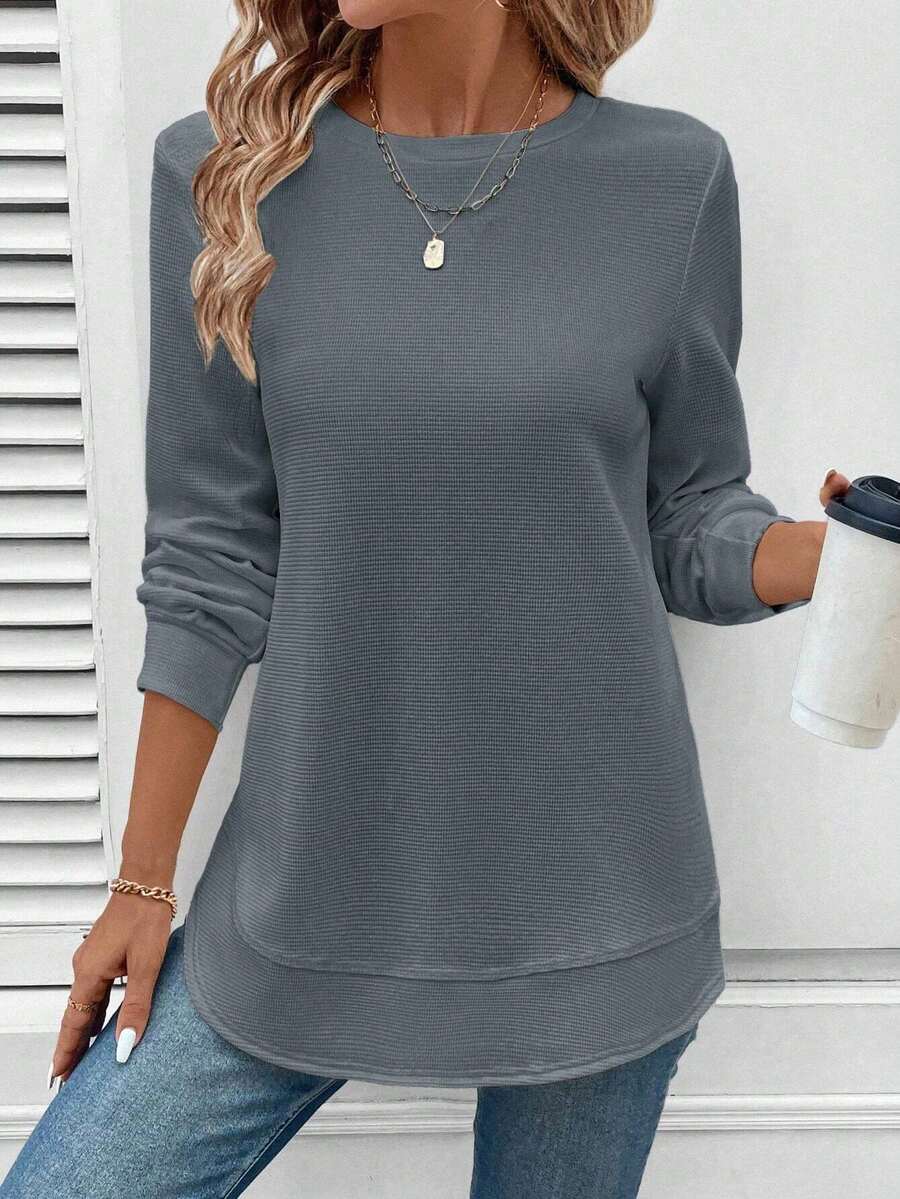 Waffle Knit Tunic Top For Women, Crew Neck Long Sleeve Blouse Loose Fit Double-Layer Hem Blouse For Daily, Work & Lounge Relaxed Fit Long Sleeve Shirt For Jeans & Leggings Casual Waffle Knit Tunic Blouse Waffle Knit Crew Neck Long Sleeve Tunic Top - 灰色 - 查看 1
