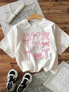 Women's Casual Short Sleeve Round Neck Pink Bow Graphic Print T-Shirt - Light Beige, Relaxed Fit, Machine Washable, All Season Top, Women's T-Shirt, Soft Fabric, Summer Outfit, Breathable Fabric, Adults, Women's Summer Outfit. - White - View 6