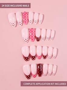 Juego de 24 piezas de pegatinas para uñas con forma de almendra larga, color rosa macaron, a rayas y con lunares, con estrellas, incluye 1 pieza de gel de gelatina y 1 pieza de lima de uñas, arte de uñas de verano - Rosa - Ver 3