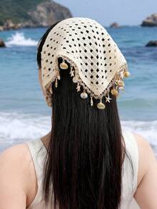 1件裝女款米色貝殼海星鉤編鏤空流蘇頭巾，夏季波希米亞風髮飾，適合日常配戴 - 米色 - 查看 5