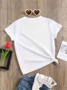 Camiseta de manga corta con cuello redondo y estampado de corazones para niñas, verano - Rosa - Ver 2