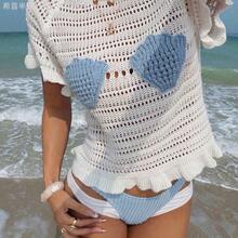 MewMuse. Blusa casual de mujer  con diseño de volantes y calados en amarillo, con elementos elegantes de estilo oceánico, perfecta para vacaciones, viajes y fiestas en la piscina - Negro - Ver 9