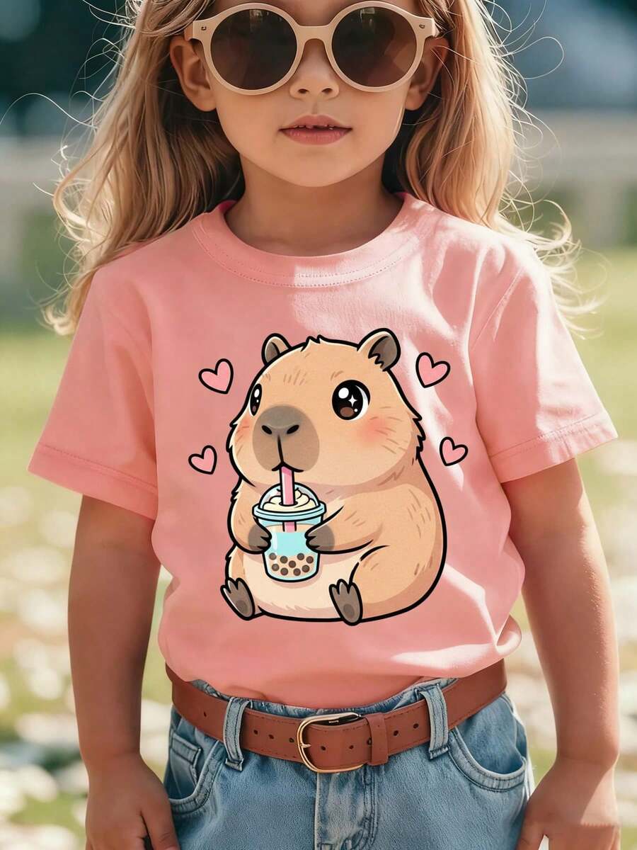 Girls' Summer Fashion Short Sleeve T-Shirt With Capybara Drinking Milk Tea Print, Casual And Versatile Top NY-DX8565 - 白色 - 查看 1