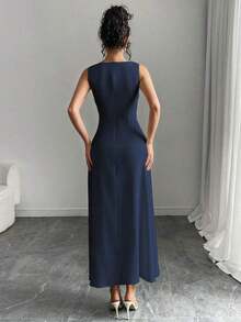 MEXChiquease Vestido elegante de mujer de unicolor con cuello en V, abertura alta y sin mangas, vestido de noche formal, vestido largo sexy, Día de San ValentínMEX GGVP - Rosa - Ver 8