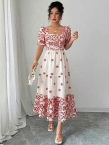MEXElenzga Vestido casual/de trabajo de manga corta con cuello cuadrado y cintura ceñida en línea A con estampado para mujerMEX KDNZ - Marrón - Ver 9