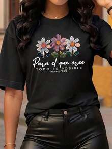 Camiseta clásica de manga corta con cuello redondo para mujer, hecha de suave algodón puro, agradable al tacto y transpirable, fresca y cómoda para primavera y verano. Exquisito patrón impreso con diseño único. La versión sencilla y elegante posee un encanto casual y moderno. Adecuado para uso diario, salidas, fines de semana, vacaciones, reuniones y paseos por la ciudad, fácil de lucir con un estilo elegante y casual. - Negro - Ver 1