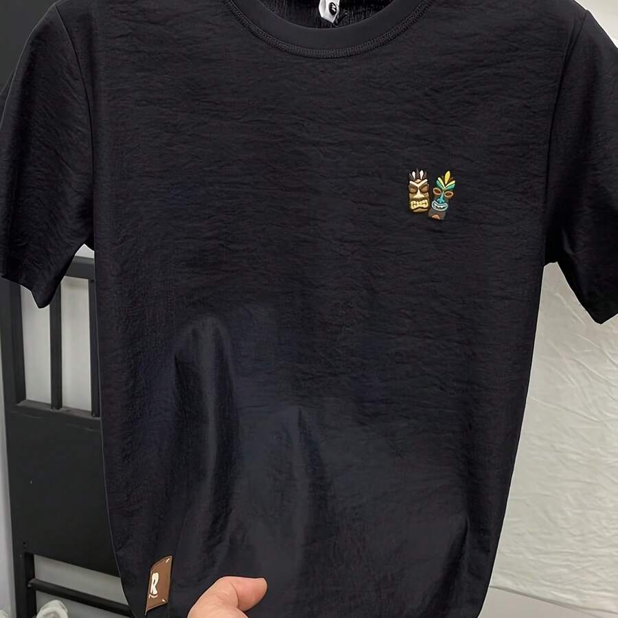 Men's Casual T-Shirt - Lightweight And Soft Fabric, Breathable For Summer, With Embroidery And Patches, Thin Material, The White Style May Be A Little See-Through. - 黑色 - 查看 1