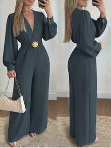 Women's Fashionable Deep V-Neck One-Piece Dress Set, Wide-Legged Smooth Tailoring, Diverse Designs, Suitable For Everyday Casual Wear - 黑色 - 查看 1