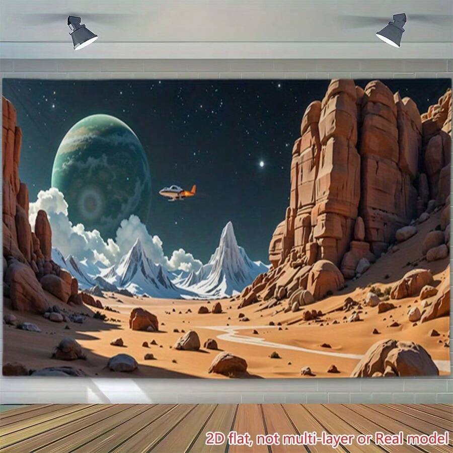 2D Flat Printing Party Banners 1pc Flying Vehicle Over Alien Landscape Extra Large Garage Backdrop HD Printing Garage Cover Perfect For Home Decor,Birthday Anniversary,Versatile Photography Backdrop Reusable For Outdoor Indoor, 2D Flat - White - View 1