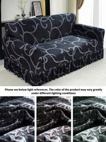 1pc Printed Ruffled Elastic Sofa Cover, Dust-Proof And Dirt-Resistant, Stretch-To-Fit Full Coverage Sofa Protector, Home Decor, Machine Washable - Black - View 2