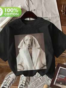 Vintage Damen T-Shirt im Bademantel-Stil, Retro-Hundeprint, Rundhalsausschnitt, Kurzarm, Oversized, Alltag, Casual, Elegant - Schwarz - Übersicht 1