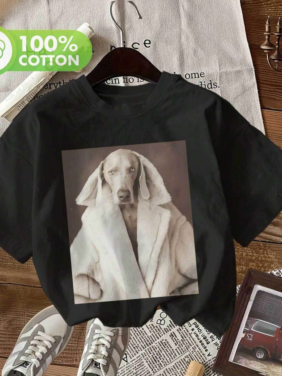 Vintage Damen T-Shirt im Bademantel-Stil, Retro-Hundeprint, Rundhalsausschnitt, Kurzarm, Oversized, Alltag, Casual, Elegant - Schwarz - Übersicht 1