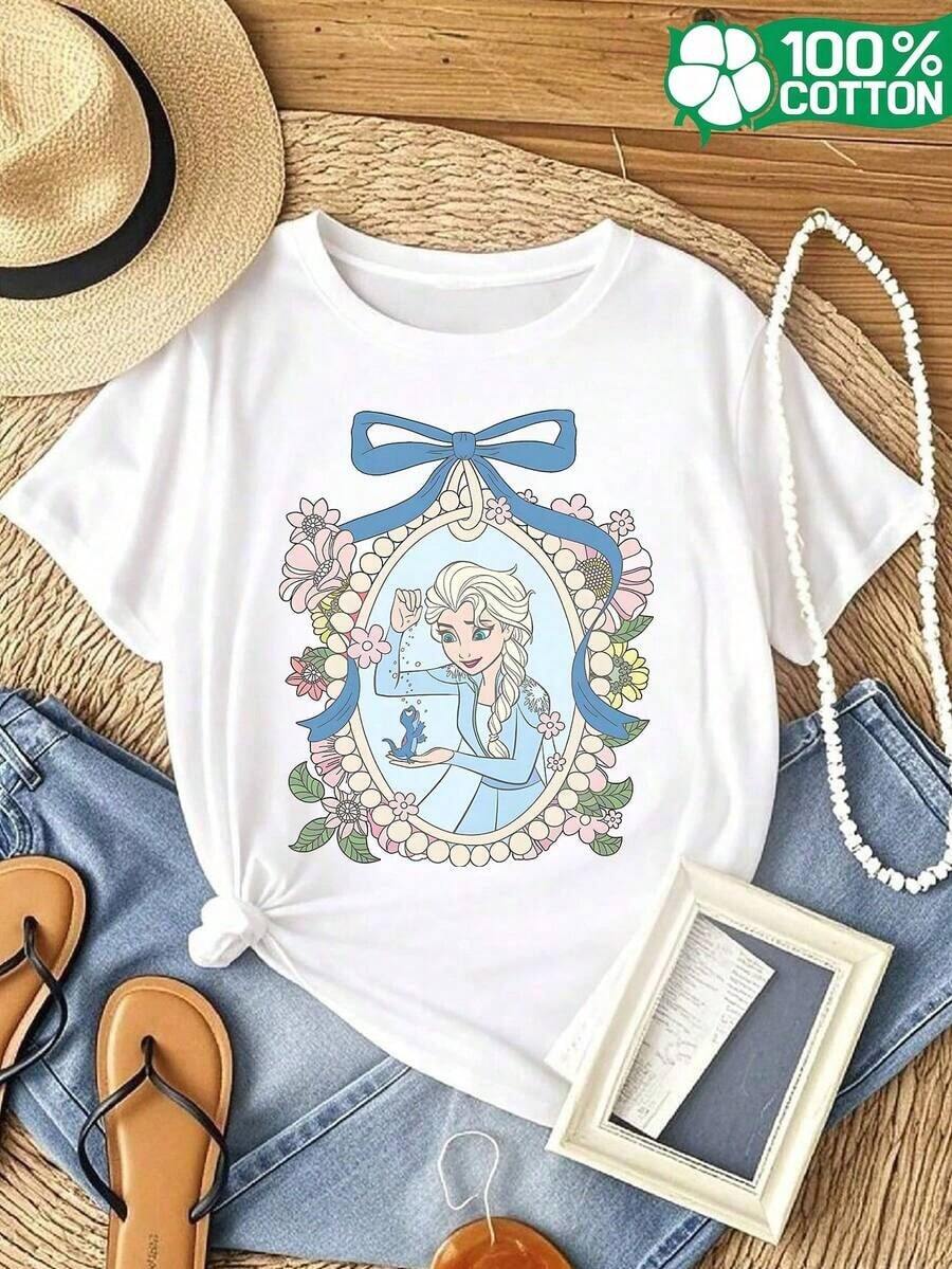 Disney Licensed Women'S 100% Pure Short-Sleeve Round-Neck Casual T-Shirt Featuring A Print Of Princess Elsa From Frozen. This Stylish Round-Neck T-Shirt Is Perfect For Running In Spring And SummerUnisex, Couple Shirts, Excellent Gifts. Unisex, Couple Shirts, Excellent Gifts. - White - View 1