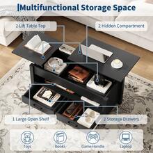 Living Room & Home Office Coffee Table: 47.2 Inch Multi-Function Design With Lift-Top Storage, Wooden Tabletop, 2 Drawers And Hidden Compartment - Black - View 3