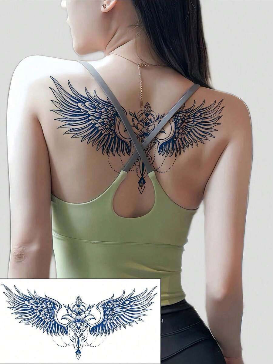 1 Waterproof And Non Reflective Wing Tattoo Sticker, Semi Permanent Plant-Based Temporary Tattoo, Cool Flying Wing, Flower, Chain Pattern, Easy To Play, Suitable For Women's Back And Chest Use, Lasting 7-14 Days, Essential For Party Music Festivals - Blue - View 1