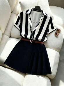 Set de 2 piezas: Camisa de rayas casual de verano y falda plisada - Blanco y Negro - Ver 3