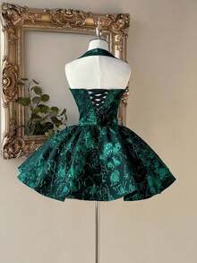 Lovelzi Vestido elegante, romántico y de moda de tela jacquard burdeos con escote halter, espalda descubierta y manga larga en corte evasé, adecuado para ceremonia de graduación, apertura de escuela, festival de música, fiesta de cumpleaños, boda, té de la tarde, baile de graduación - Verde Oscuro - Ver 3