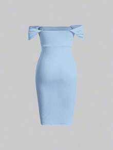 MOD Vestido ajustado de hombros descubiertos fruncido lateral - Celeste - Ver 2