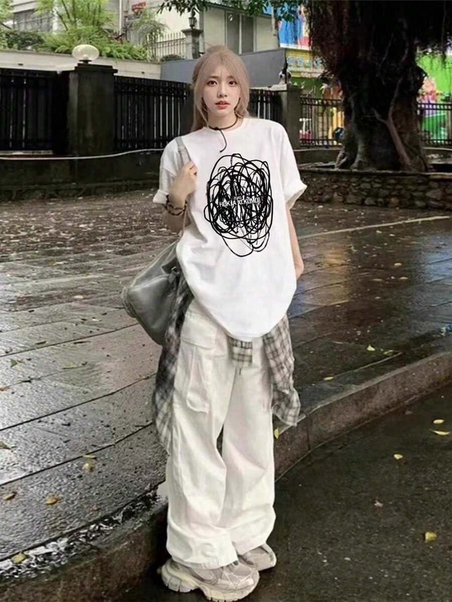 [ 100% Cotton ] Recommended New Products For Summer 2026: Lace Logo T-Shirt, Summer Dress, Women's Fashion T-Shirt, Short Sleeve Office Casual 200g Cotton Cartoon Character Printed Loose White Top, Y2K Women's Top, Spring Dress Top - White - View 1