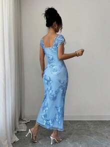 Vestido midi elegante y romántico de mujer con malla bordada y fruncido, adecuado para la temporada de bodas, fiestas, citas y salidas casuales (bordado aleatorio) - Multicolor - Ver 9