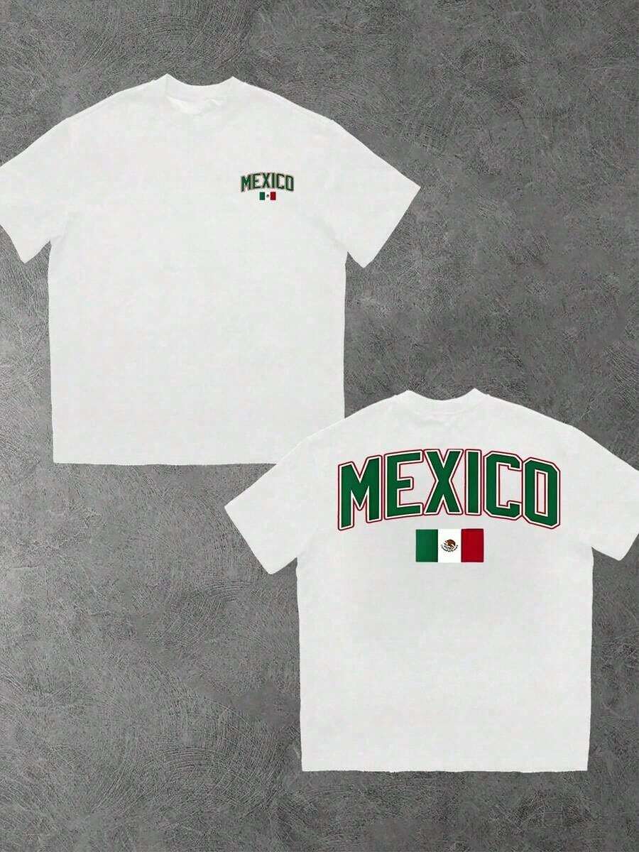 Men's Summer T-Shirt, 100% Cotton, Double-Sided Digital Print Of The Mexican Flag, Crew Neck, Short Sleeves, 220g, Casual, Elegant - White - View 1