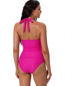 OMKAGI Women's Halter High-Waisted Swimsuit Set  Sexy V-Neck And Ruched Abdomen Slimming High-Cut Two-Piece Swimsuit - 玫紅色 - 查看 2