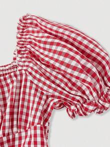 Vestido con mangas de pétalo, cinturón de lazo y estampado de cuadros rojos y blancos - Rojo y blanco - Ver 9