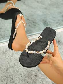 Women's Fashion Casual Flat Beach Slippers, New Summer Vacation Sandals, Daily Wear Flat Flip Flops - Black - View 10