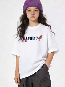 Camiseta informal de manga corta y cuello redondo para niñas, con estampado de sardinas, ideal para primavera y verano.Black - Blanco - Ver 9