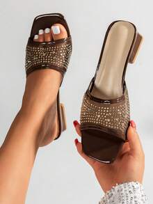 NANBEI ZUO Sandalias de tacón grueso con punta cuadrada y malla de strass para mujer, zapatillas de verano de tacón bajo con cierre deslizante en color marrón oscuro - marrón oscuro - Ver 4