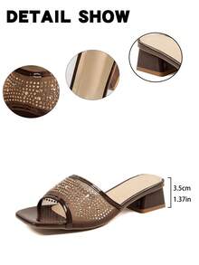 NANBEI ZUO Sandalias de tacón grueso con punta cuadrada y malla de strass para mujer, zapatillas de verano de tacón bajo con cierre deslizante en color marrón oscuro - marrón oscuro - Ver 2