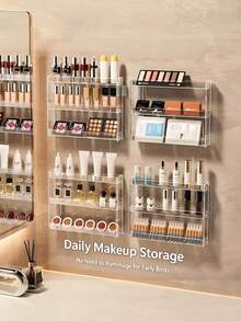 1pc Cosmetic Storage Rack, Wall-Mounted Display Shelf, Multi-Functional Wall-Mounted Shelf, Transparent Plastic Material, Detachable, 3/4/5 Layers, Suitable For Bathroom Storage, Bedroom Storage, Anime Badge/Pin - Clear - View 3