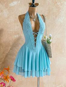 Vestido con cuello de halter con empalmado de encaje, estampado floral y de cebra para mujer - Azul - Ver 4