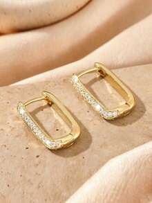1 Pair Luxury Copper Zirconia Geometric Rectangle Hoop Earrings, Shiny Elegant Earrings For Women, Party/Holiday/Date Gift - Gold - View 4