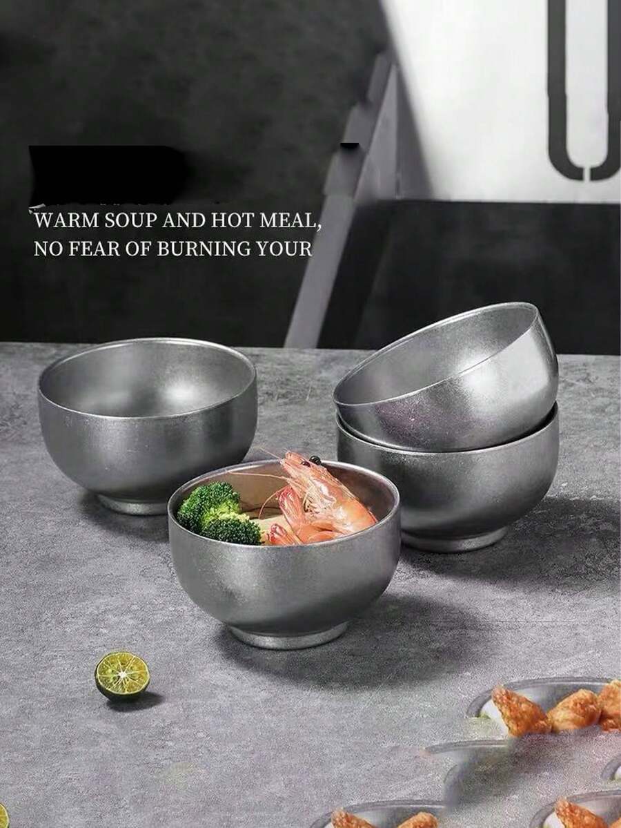 1pc Vintage Distressed Stainless Steel Double-Layer Anti-Scald Rice Bowl, Industrial Style Outdoor Tableware - Silver - View 1