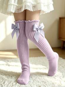 1 Pair Girls' Mesh Bow Knee High Socks, Breathable Non-Sweating Calf Length Socks - Mauve Purple - View 3